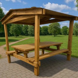 Table repas extérieure avec toit en bois