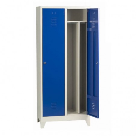 Armoire vestiaire 2 portes pour industrie salissante avec cloison séparatrice et étagère.