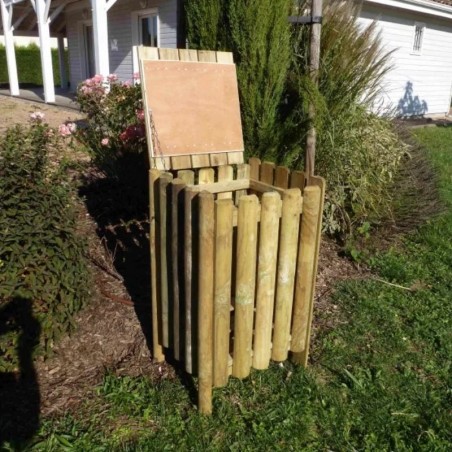 Corbeille publique en bois 100L avec couvercle et revêtement en demi rondins
