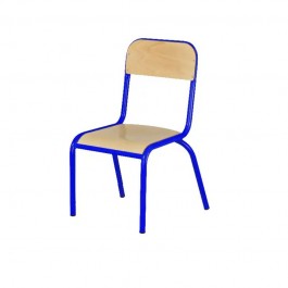 chaise d'écolier avec structure en acier bleu et assise et dossier en hêtre