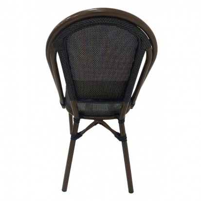 Chaise de terrasse café avec dos et assise en textilène gris foncé et pieds effet bambou