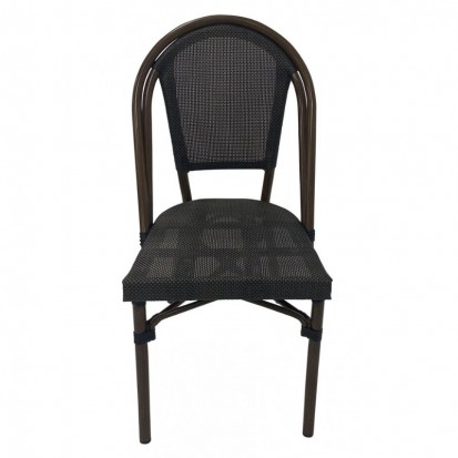 Chaise de terrasse café avec dos et assise en textilène gris foncé et pieds effet bambou