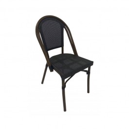 Chaise de terrasse café avec dos et assise en textilène gris foncé et pieds effet bambou