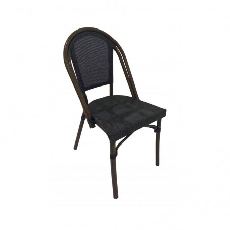 Chaise de terrasse café avec dos et assise en textilène gris foncé et pieds effet bambou