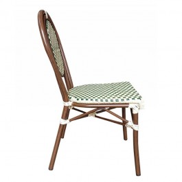Chaise pour terrasse de café en rotin synthétique crème et vert de profil