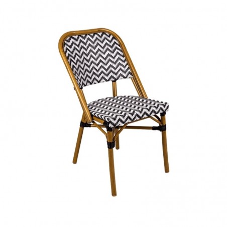 Chaise de terrasse café en textilène avec motifs chevrons noirs et blancs et pieds effet bambou