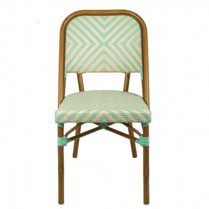 Chaise bistrot rotin synthétique avec motif vert d'eau et crème