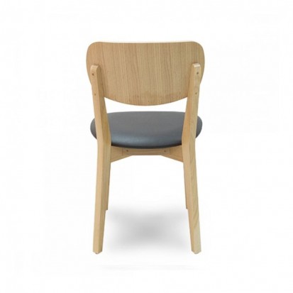 Chaise de restaurant avec assise vinyle noir et dos et piètement en hêtre verni naturel