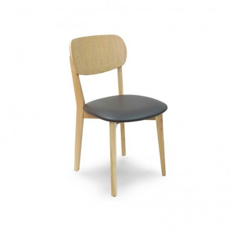 Chaise de restaurant avec assise vinyle noir et dos et piètement en hêtre verni naturel