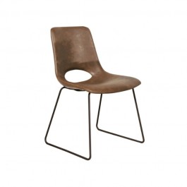 Chaise professionnelle restaurant avec assise coque en simili cuir marron et piétement luge en acier noir