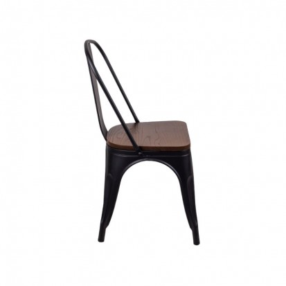 Chaise bois et métal industrielle avec structure noire et assise en bois foncé