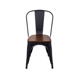 chaise industrielle métal avec piétement noir mat et assise en bois coloris chocolat vue de face