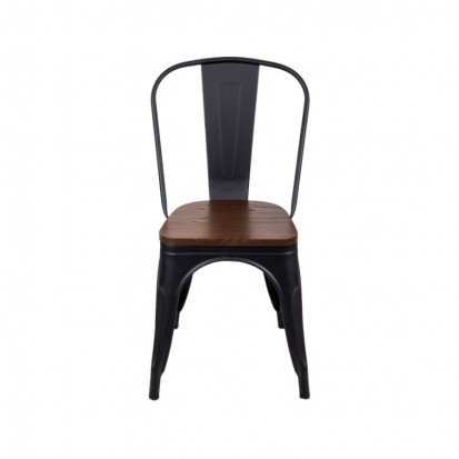 Chaise bois et métal industrielle avec structure noire et assise en bois foncé
