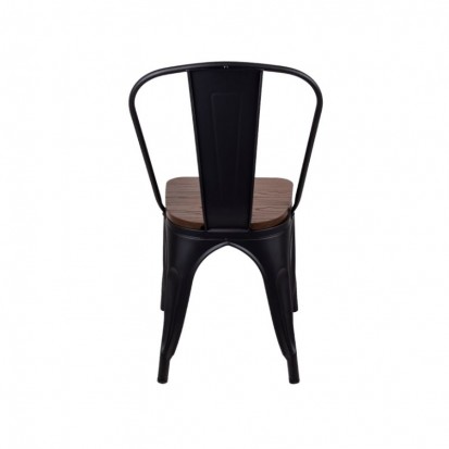 Chaise bois et métal industrielle avec structure noire et assise en bois foncé