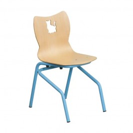 Chaise écolier avec motif chat sur le dossier et pieds en acier bleu