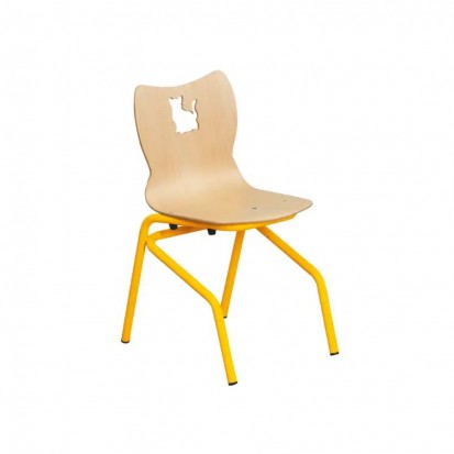 Chaise écolier avec motif chat sur le dossier et pieds en acier bleu