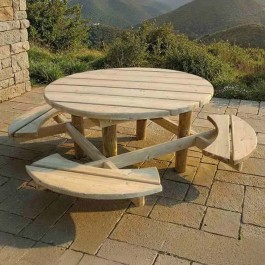 table bois bancs intégrés ronde sur une terrasse