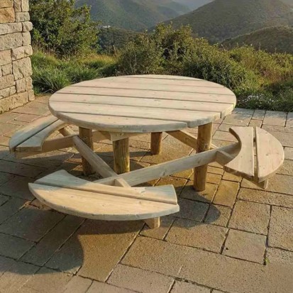 banc et table de jardin en bois ronde