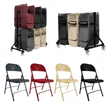 Lot de chaises pliantes en acier et chariot de transport