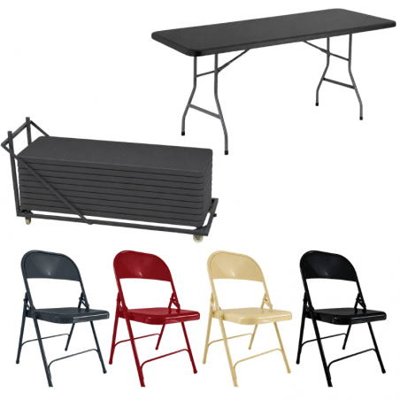 20 tables rectangles pliantes + 120 chaises métalliques + chariot