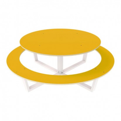 table pique nique ronde 6 places en acier et PEHD jaune