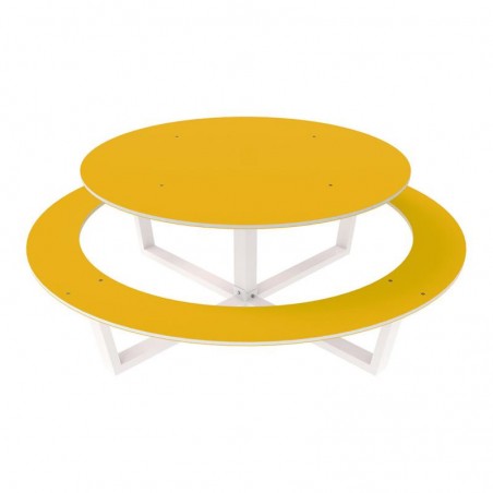 table pique nique ronde 6 places en acier et PEHD jaune