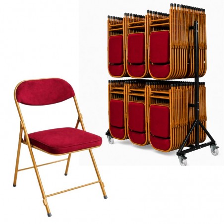 Lot de 60 chaises en velours rouge pliantes et chariot de transport