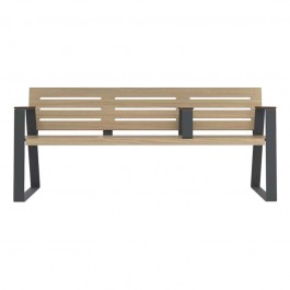 Banc public senior acier et HPL ajouré aspect chêne clair vue de face