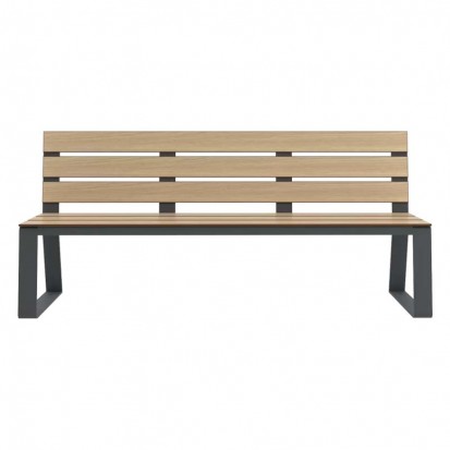 Banc public HPL aspect bois chêne clair et piètement acier