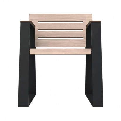Fauteuil extérieur senior HPL ajouré aspect chêne clair et structure en acier