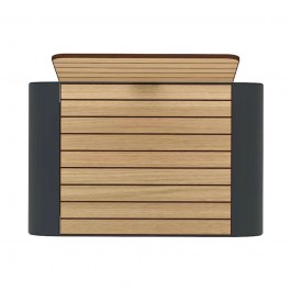Fauteuil extérieur collectivité vue de l'assise en Compact HPL effet lames de bois