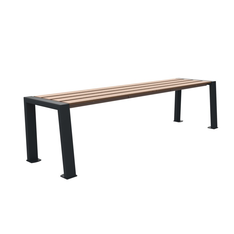 Banquette pour espaces publics avec lames en Compact HPL coloris chêne clair et piètement acier