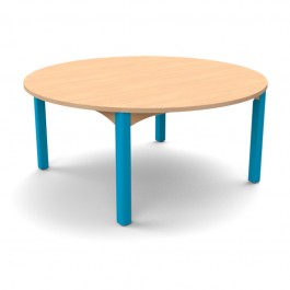 Table ronde scolaire diamètre 120 cm  à 4 pieds, coloris bleu et hêtre