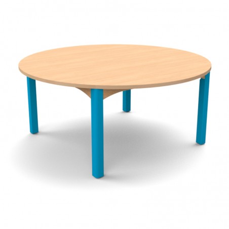 Table ronde scolaire diamètre 120 cm  à 4 pieds, coloris bleu et hêtre