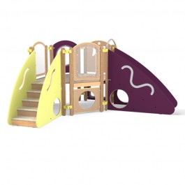 Parcours de motricité enfant prune et vert en angle vue de l'escalier