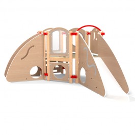 Structure de motricité enfant en angle vue côté toboggan coloris hêtre