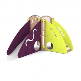 Module de motricité crèche vert et prune vue coté toboggan