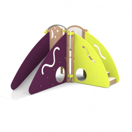 Module de motricité crèche vert et prune vue coté toboggan