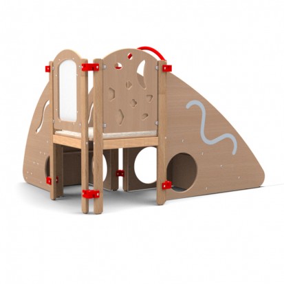 Module de motricité crèche vert et prune vue coté toboggan