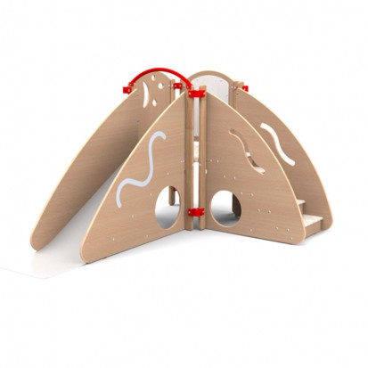 Module de motricité crèche vert et prune vue coté toboggan