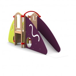 Module de motricité crèche vert et prune vue coté toboggan