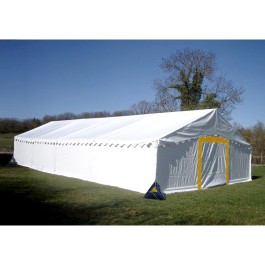Tente de réception Super Plein Air (6x16m) 96m² blanc - avec registre de sécurité. Pignon largeur 6m.