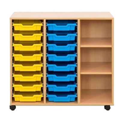 Meuble à cases et 16 bacs en plastique