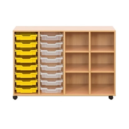 Meuble en bois sur roulettes - 16 bacs plastique
