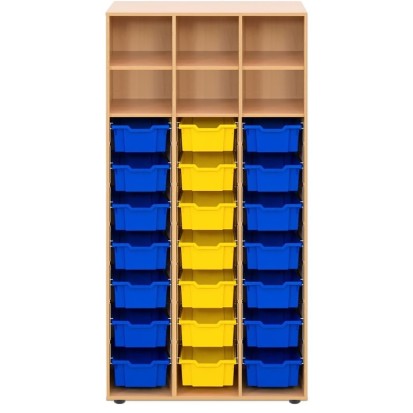 Armoire en bois et bacs en plastique pour école