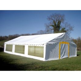 Tente de réception Plein Air (5x12m) 60m² - cristal - avec registre de sécurité. Pignon largeur 5m.