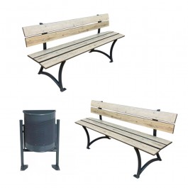 Lot - 2 bancs extérieurs KAELINE HPL + 1 corbeille demi-ronde