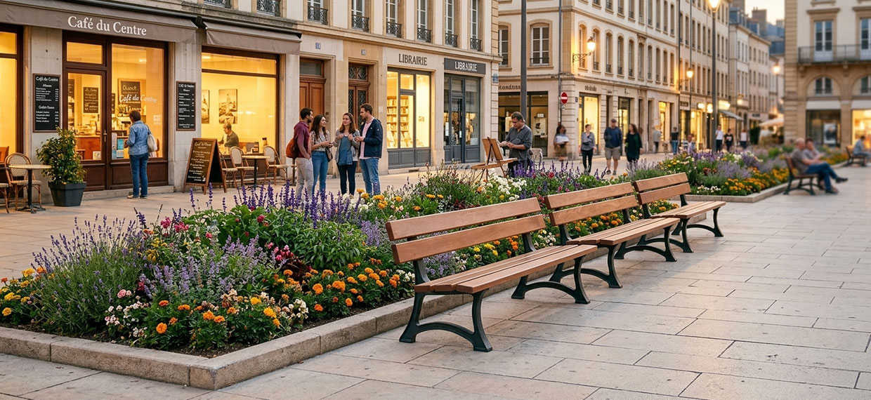 bancs publics bois et fonte en centre-ville avec commerces et espace végétalisé