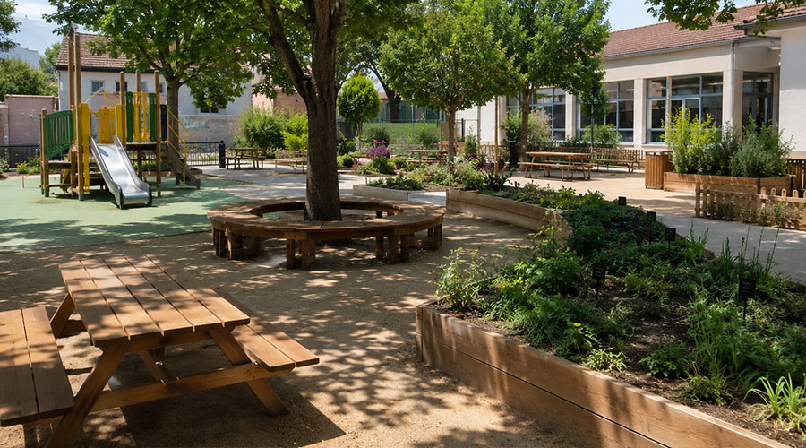 cour d'école avec bancs, tables pique-nique et jeux d'extérieur