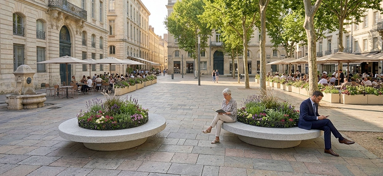 Jardinières banquettes rondes en béton sur une place publique
avec assise intégrée et plantations fleuries